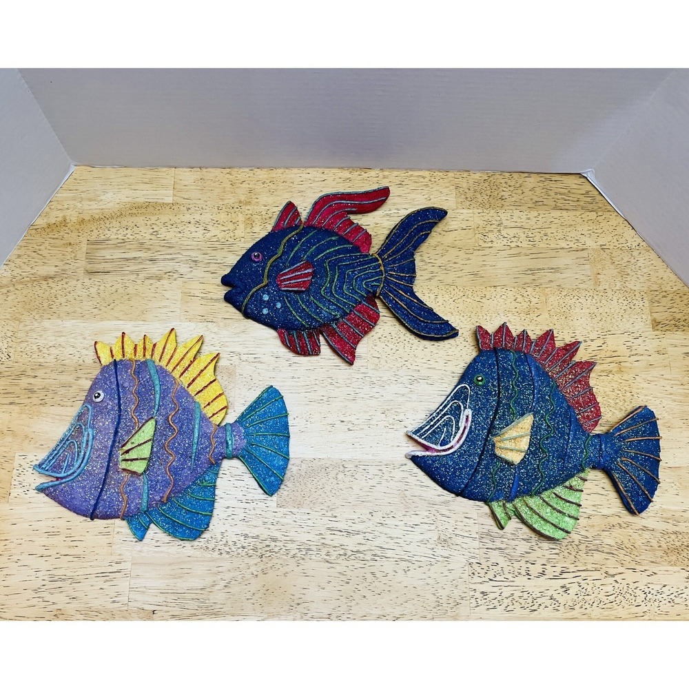 Set Of 3 Glitter Fish Wall Hangings- Blue Red Pink Green Yellow Purple